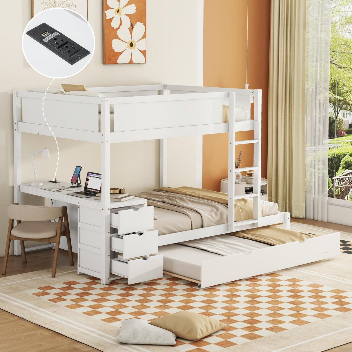 Harper & Bright Designs Full Over Full Bunk Bed Twin Size Trundle, Wood Full Bunk Bed with USB Ports, Storage and Desk, White Harper & Bright Designs