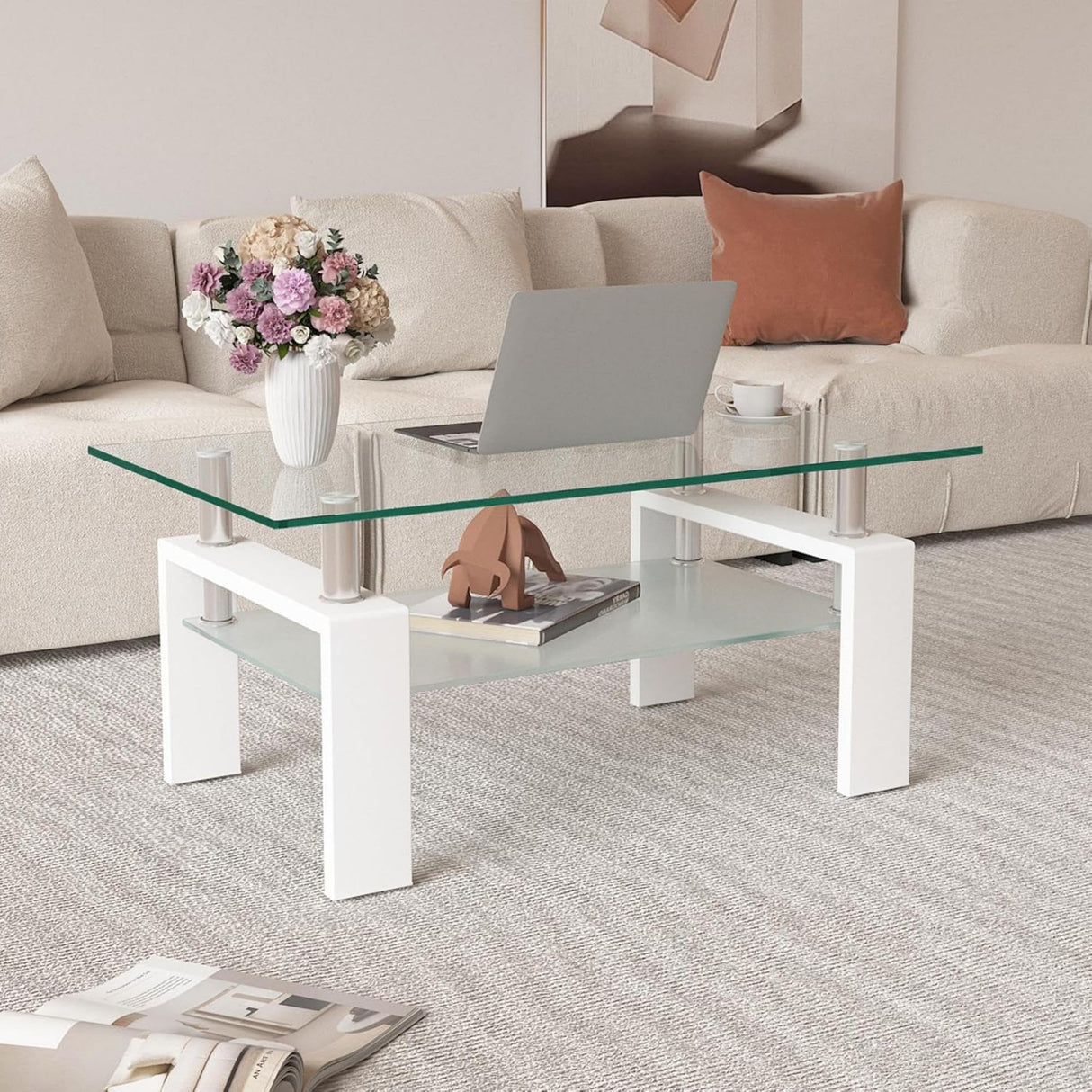 Glass Coffee Table for Living Room, Modern Coffee Table with Transparent Tempered Glass Top and White Metal Legs, Rectangle Tea Table for Home Meihua