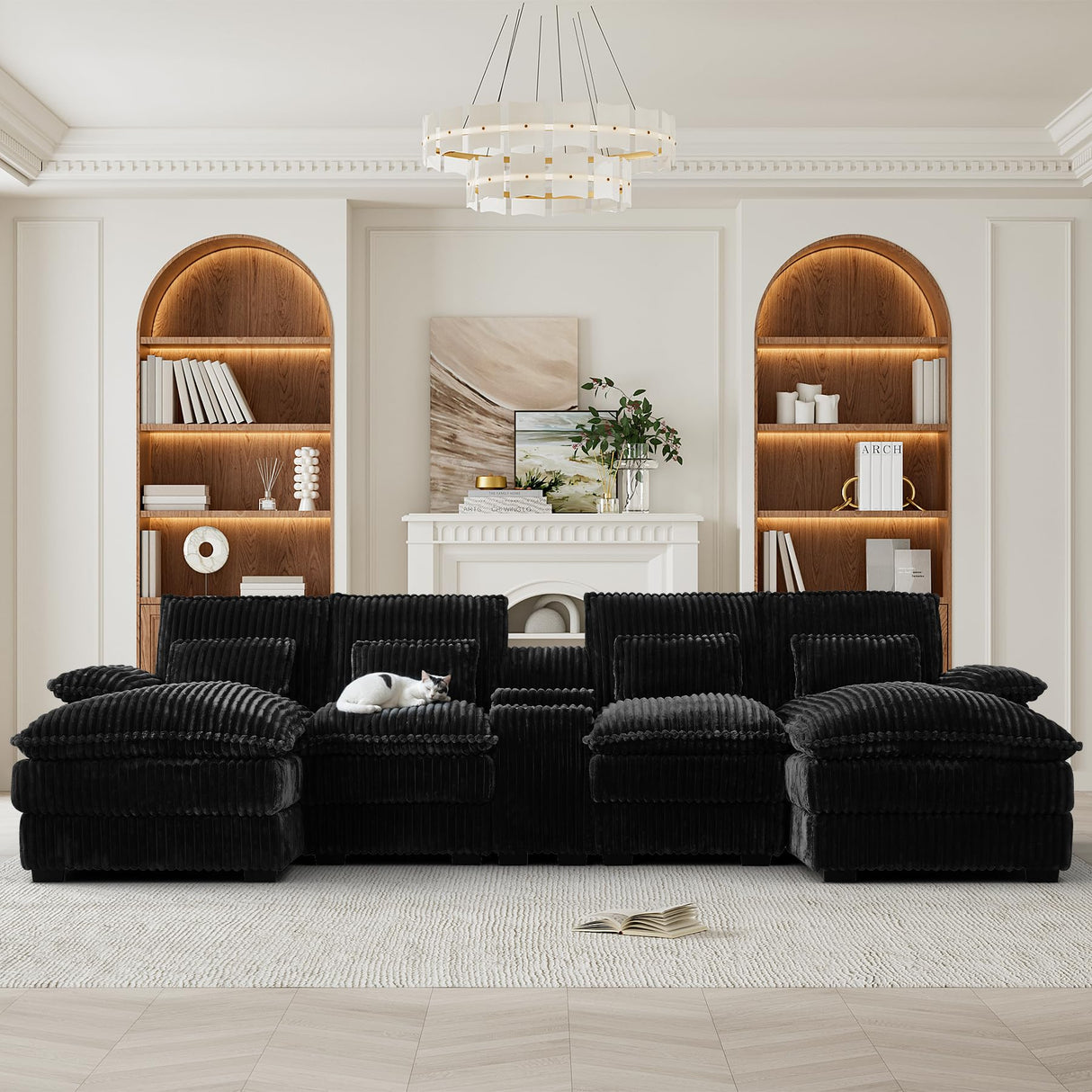 HYJT-H&K 124" U Shaped Cloud Couch Sectional, Comfy Fluffy Plush Corduroy Black Sectional Couches for Living Room, Modern Modular Corduroy Couch Sectionals with Central Console & Double Chaise Lounge HYJT-H&K