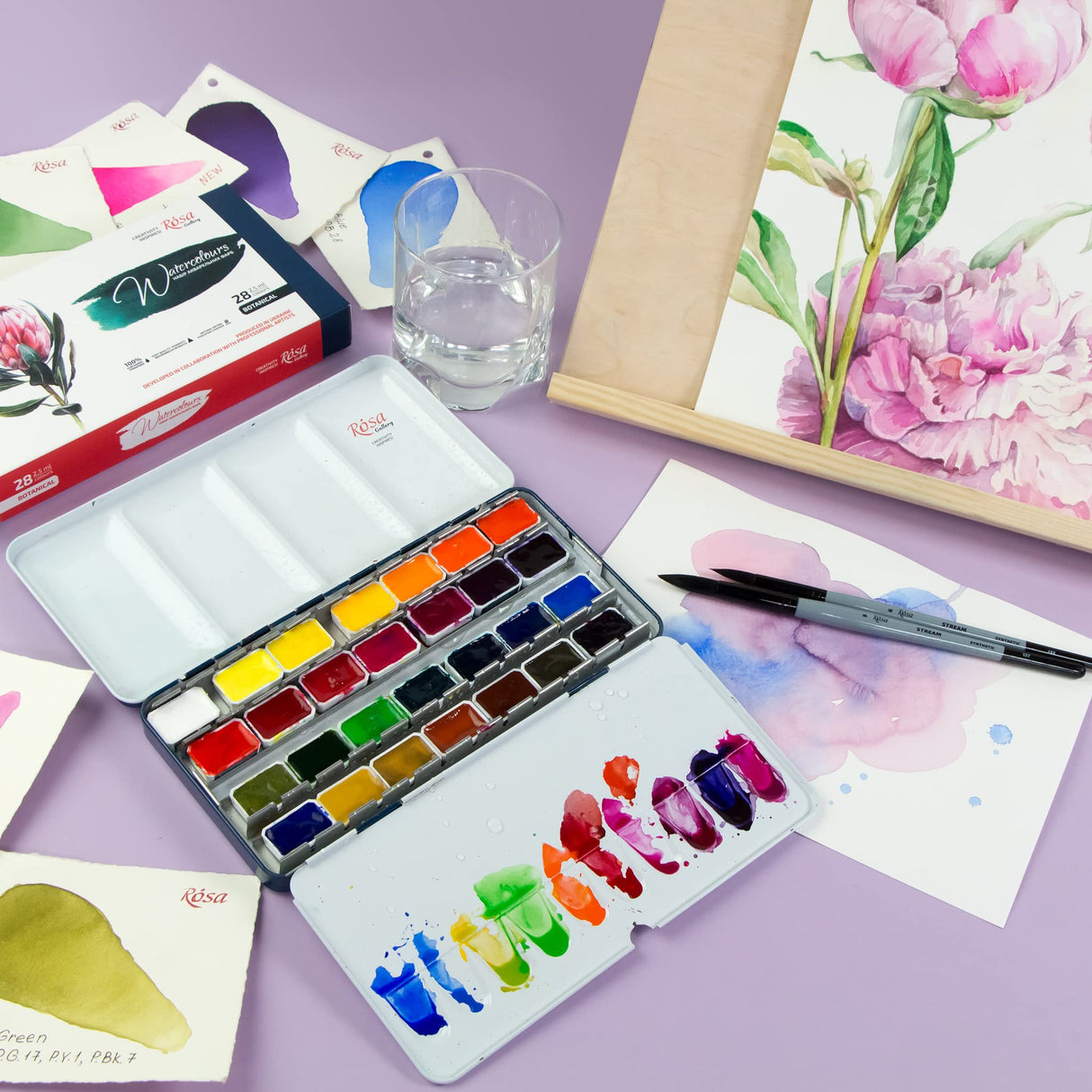 ROSA Gallery Botanical Watercolor Paint Set, Vibrant Kit Designed by Professional Artists, Washable, High Lightfastness Pigments, Made in Ukraine, Packed in Metal Paint Box, 28 Ct. Rosa Gallery