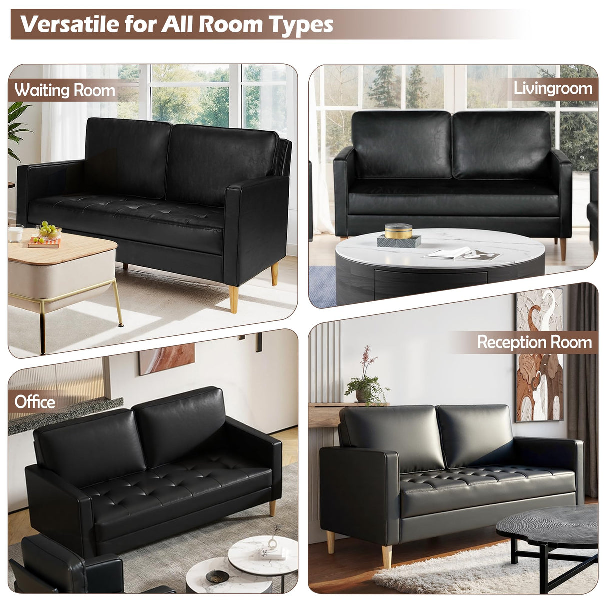 AILEEKISS 57'' Mid-Century Loveseat Faux Leather Sofa Couch with Armrest for Two People Modern 2 Seat Sofa for Living Room (2-Seater, Black) AILEEKISS