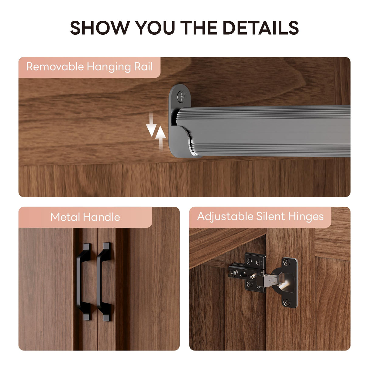 LIKIMIO Armoire Wardrobe Closet with 2 Doors and 2 Drawers 70" H x 28" W Wooden Bedroom Freestanding Wardrobe Combination for Hanging Clothes, Walnut LIKIMIO