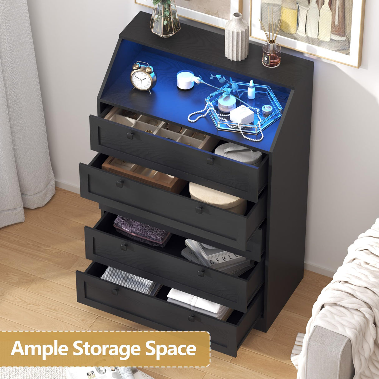 BORNOON 5 Drawer Tall Dresser with LED Lights & Charging Station, Modern Wood Chest of Drawers for Bedroom, Storage Dresser with Metal Handles & Anti-Tip Kit for Closet, Living Room, Entryway BORNOON