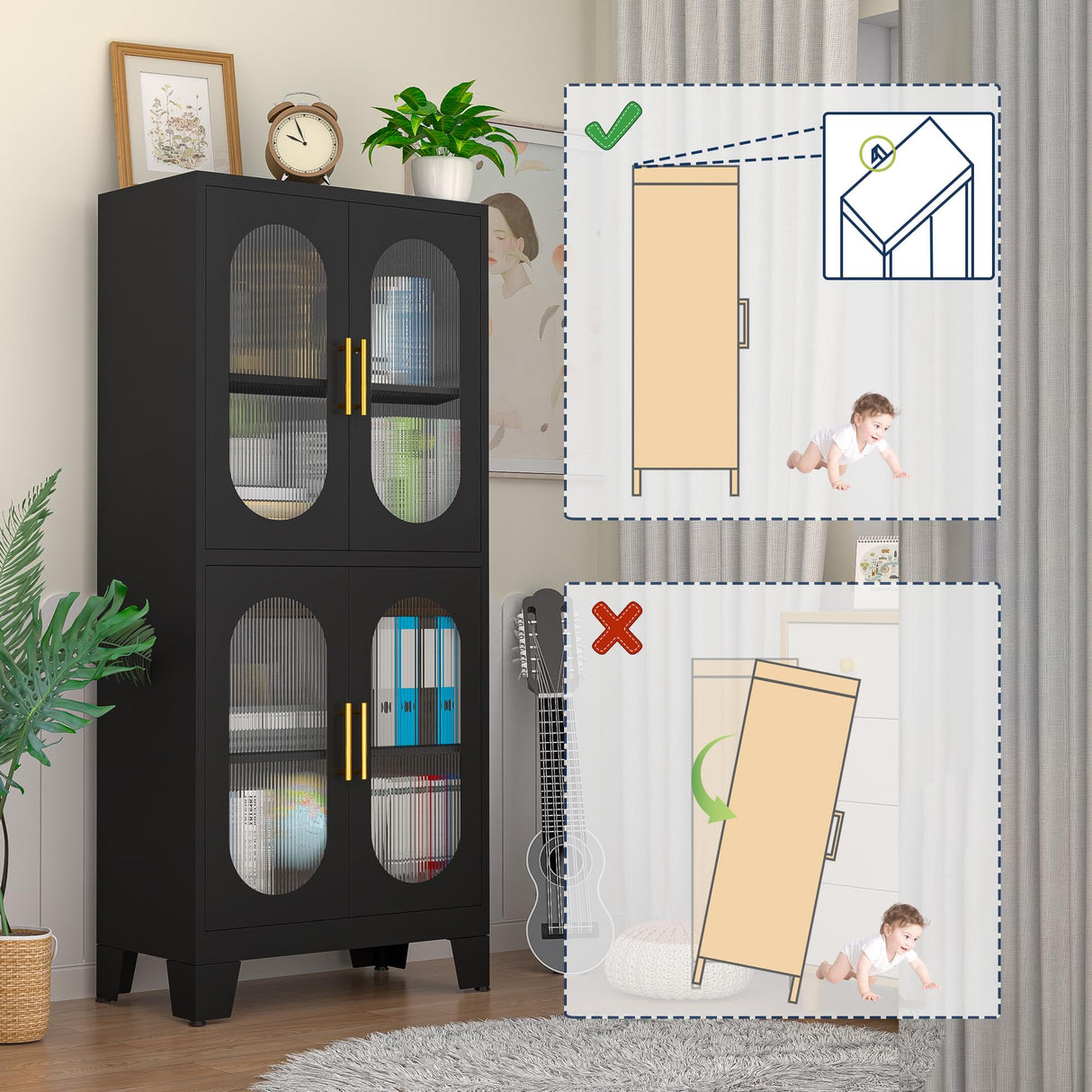 GAIOUS Black Kitchen Pantry Cabinet, Pantry Storage Cabinet with Acrylic Glass Doors and Adjustable Shelves, Metal Storage Cabinet for Kitchen, GAIOUS