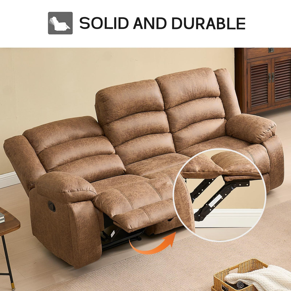 EBELLO Faux Leather Manual Reclining Sofa with 2 Concealed Cup Holders,Overstuffed Armrest 3 Seat Recliner Sofa, Couch for Living Room, Bedroom, Meeting Room, Light Brown(Sofa) EBELLO