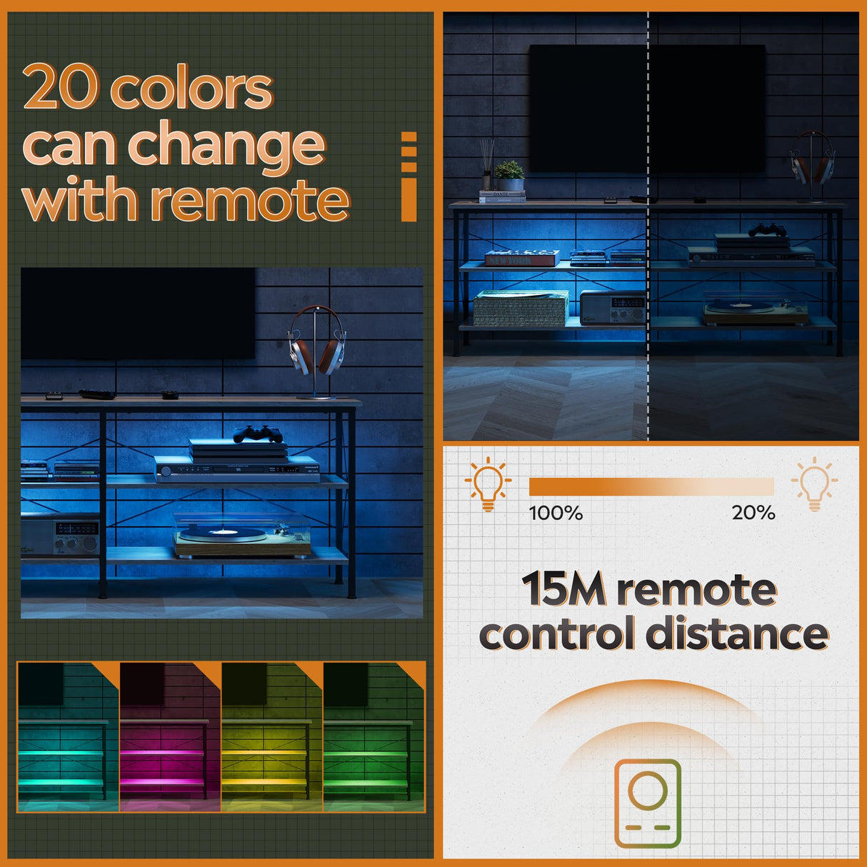 WLIVE TV Stand up to 70 Inch TV, 63" Entertainment Center with LED, TV Media Console with 3-Tier Storage Shelves for Living Room and Bedroom, Greige WLIVE