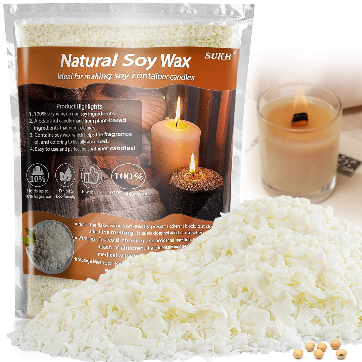 Sukh Soy Wax for Candle Making - Natural Soy Wax Flakes Pure Cera para Velas Candle Making No additives Supplies for Container,Cup,Scented,DIY Sukh