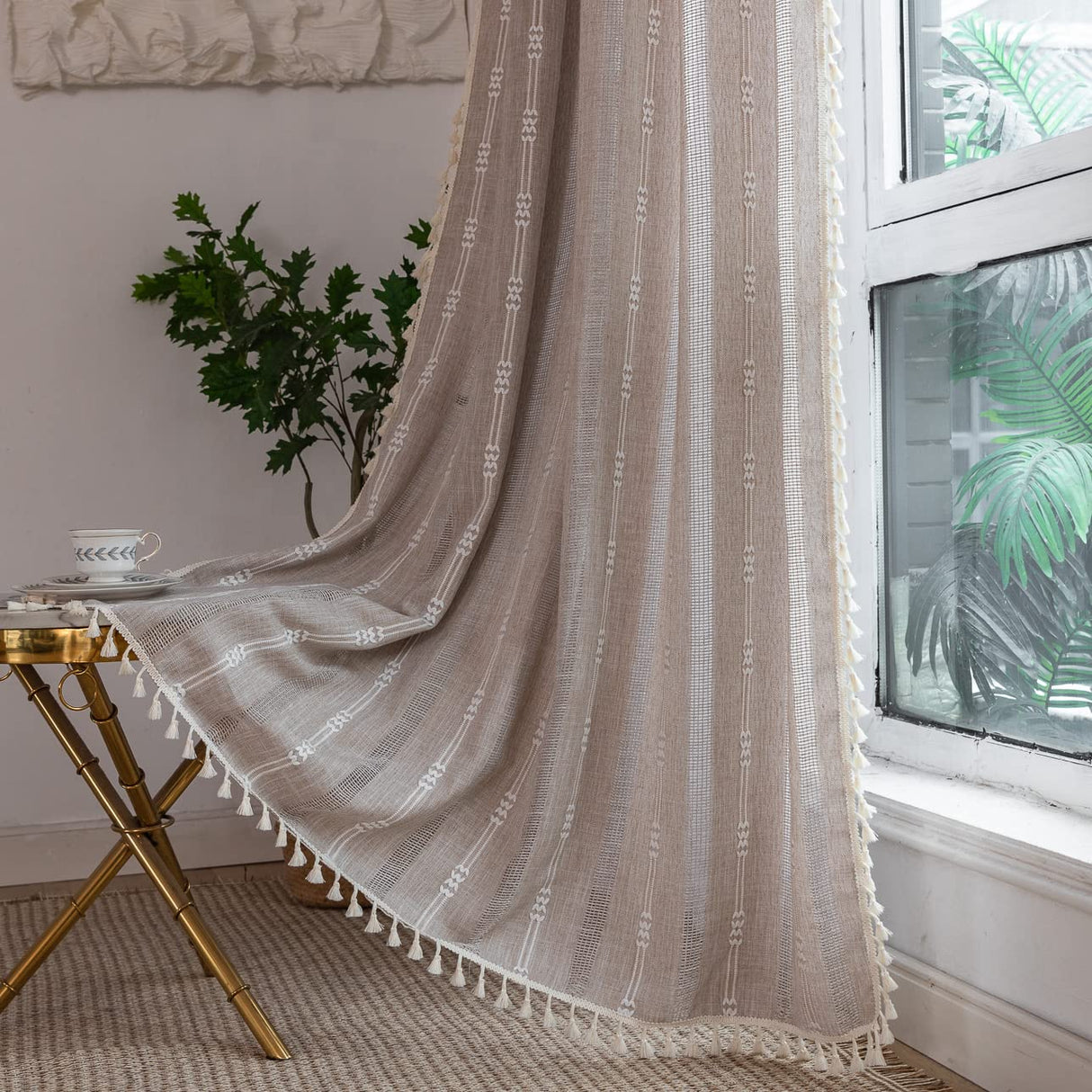 Linen Curtains 108 Inches Long for Living Room 2 Panels Set, Embroidery Farmhouse Curtains Tassel Boho Curtains for Bedroom Light Filtering Window Curtains Rod Pocket Drapes (52" W x 108" L,Khaki) BCLBUSTE