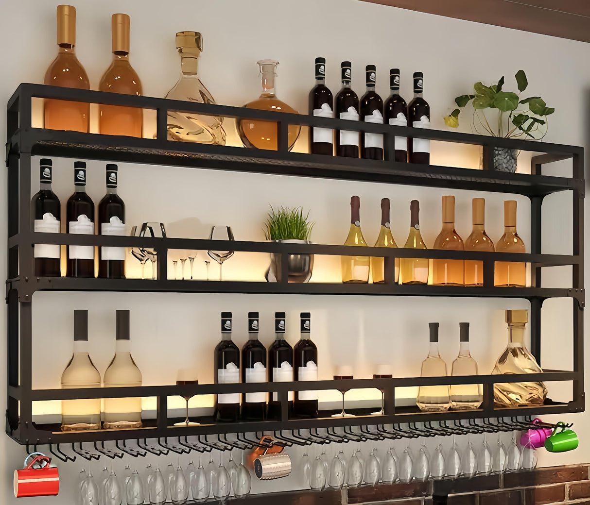 PIKYsailed 47 Inch Metal Wine Rack Wall Mounted, Bar Shelves Wall Mounted with LED Light, Large 3-Tier Liquor Bar Display Shelf with Hang Mugs and Wine Glasses for Home Bars & Kitchen, Black PIKYsailed