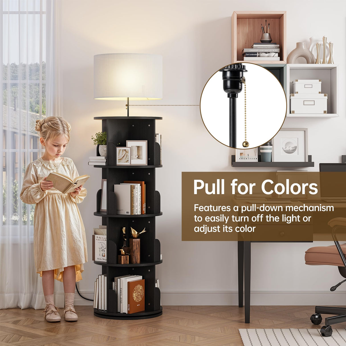 iabifo Rotating 4-Tier Bookshelf with Adjustable Light, 360° Spinning Bookcase Tower, Tall Floor Standing Book Shelf for Bedroom, Living Room, Office, Black iabifo