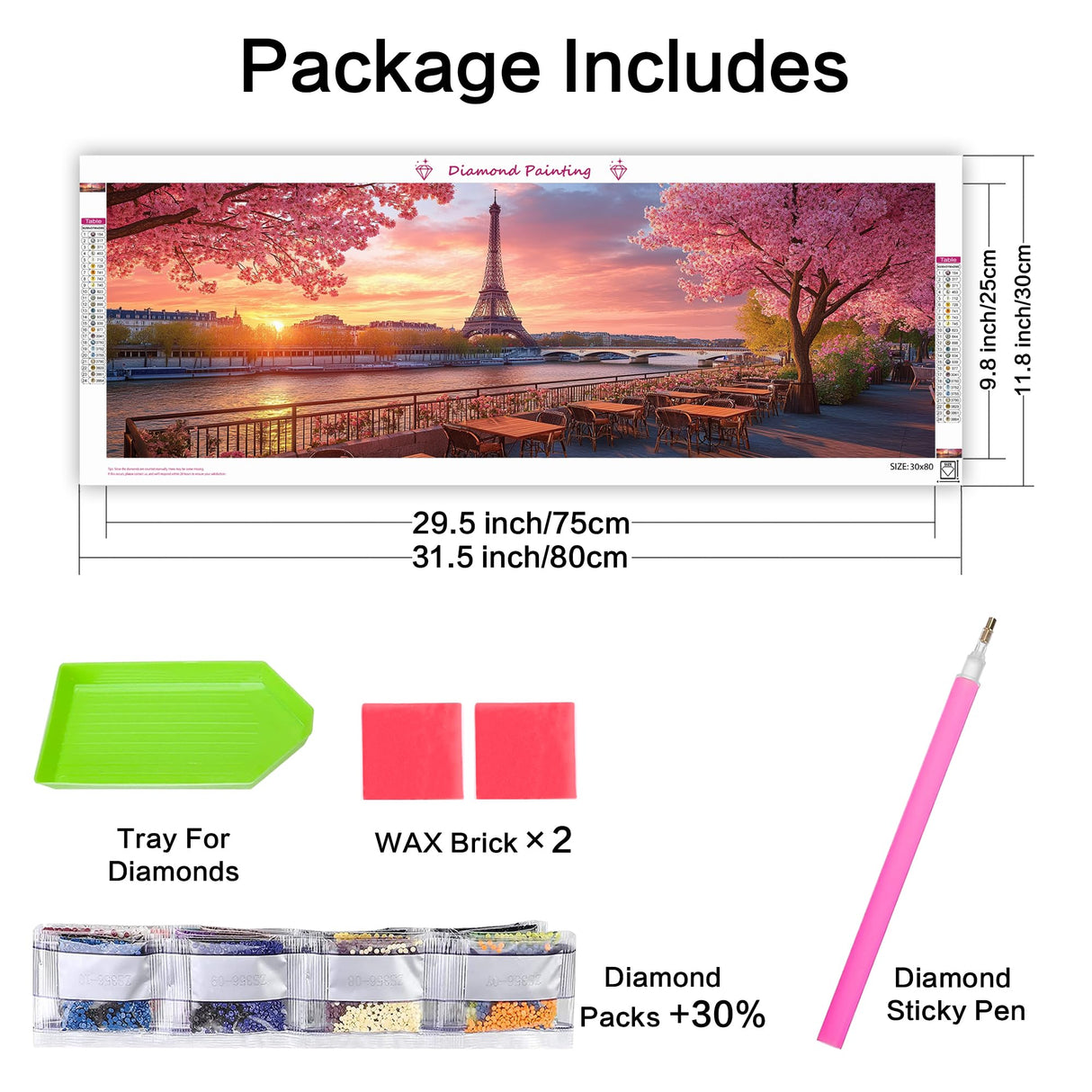 VAIIEYO Large Diamond Art Kits for Adults Eiffel Tower, Diamond Art Landscape, Large Diamond Painting Kits Full Drill Round Rhinestone Craft Canvas for Home Wall Decor Gift 12x31 inch VAIIEYO