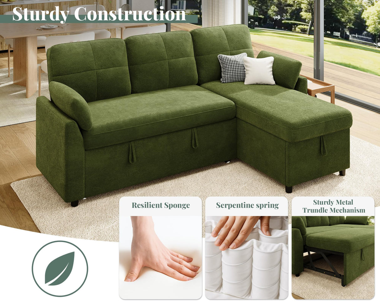 Jocisland Sofa Bed, Sleeper Sofa with Storage Chaise, Convertible Sofa Bed with Pull Out Couch, l Shaped Couch for Living Room, Linen Green Jocisland