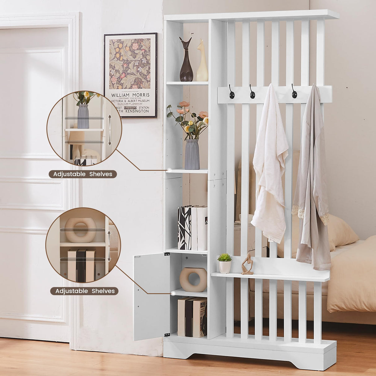 Room Divider with Shelves, Wall Room Divider Bookshelf, Freestanding Wood Privacy Screen with Storage Cabinet, Coat Rack, Display Shelf for Living Room Separation, Home Office Decorative (White) SAHISTCT