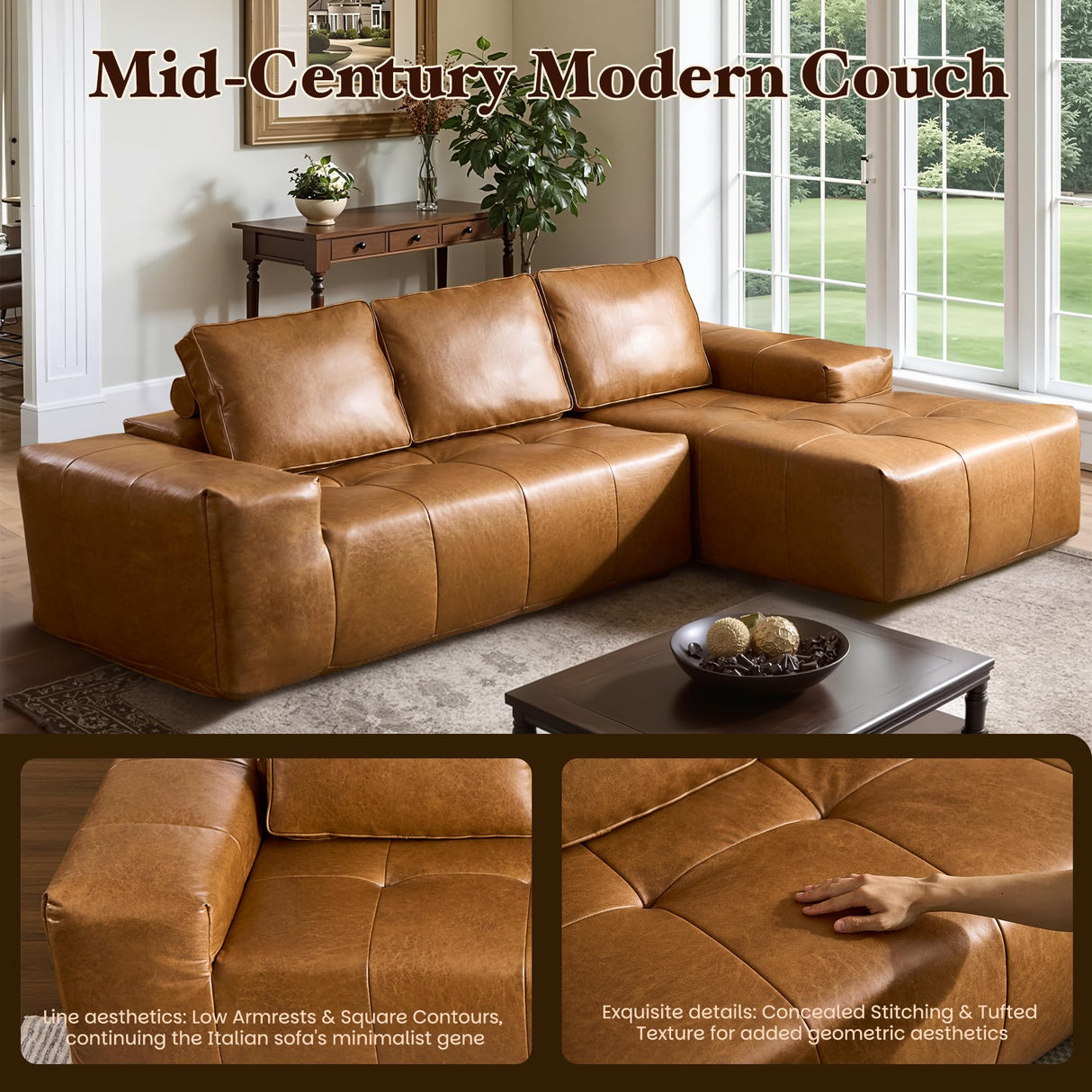 114" Boneless Couches for Living Room, Brown Faux Leather Cloud Sectional Couches with Chaise, Deep Seat L Shaped Modular Sofa, No Assembly Required Sofas in a Box (Right,Faux Leather,Brown) weaxty W