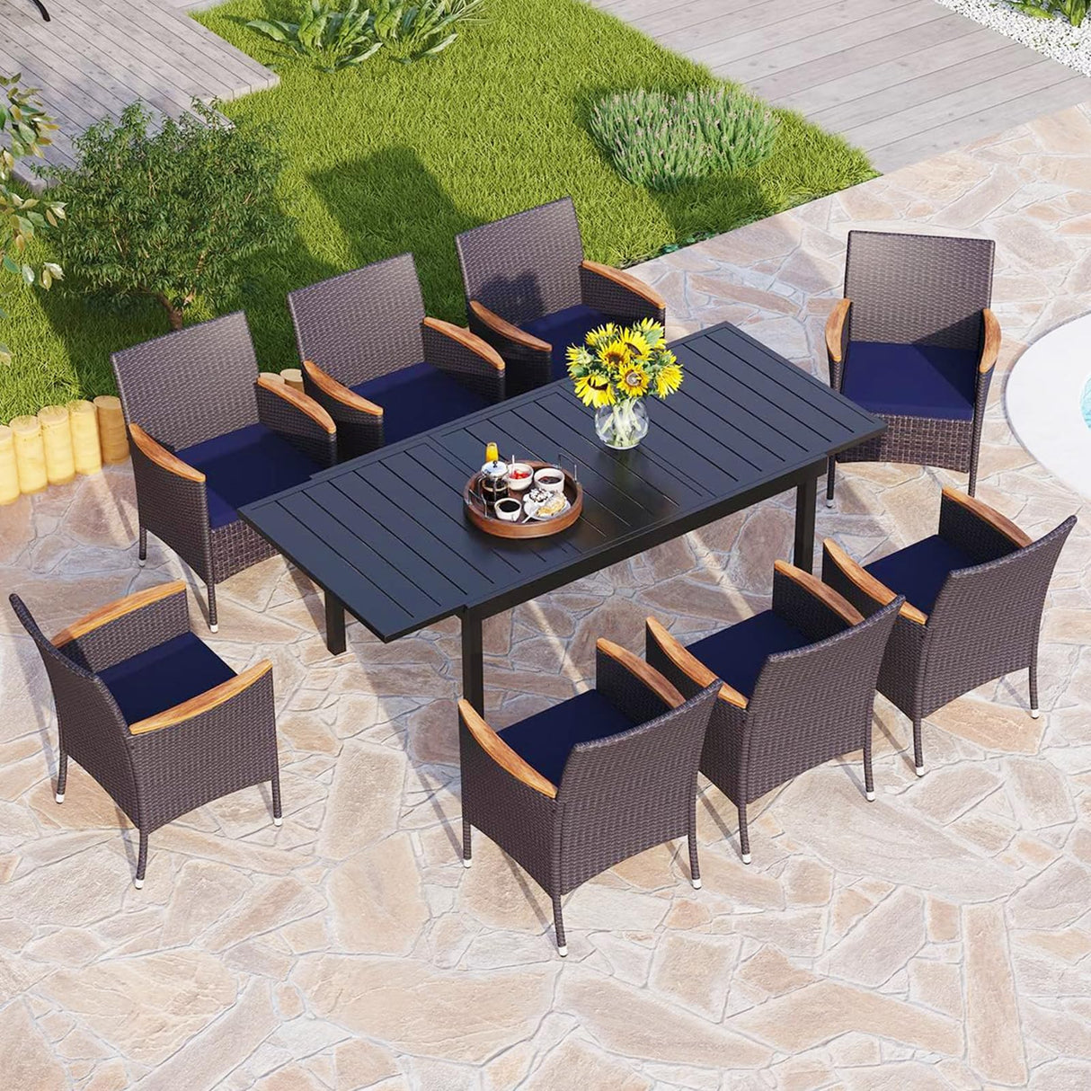 PHI VILLA 9-Piece Outdoor Patio Dining Set for 8, Expandable Rectangular Metal Dining Table & Rattan Cushioned Chairs Furniture Set for Backyard, Deck, PHI VILLA