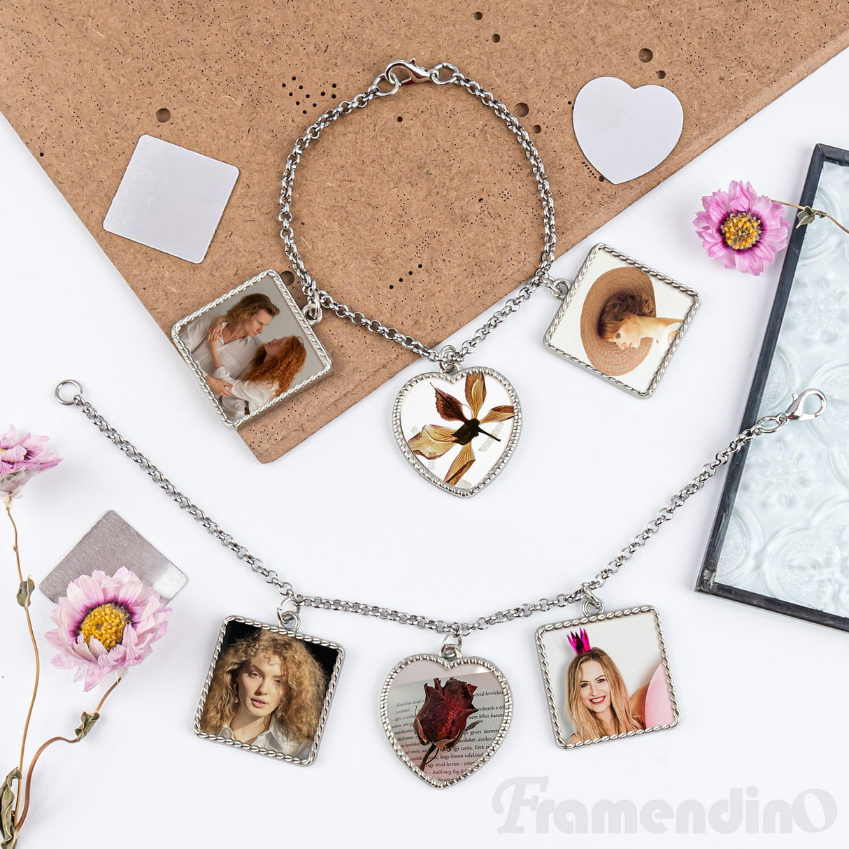 Framendino, 5 Set Sublimation Bracelets Blanks Heat Transfer Bracelet Adjustable Heart Square Photo Bezel Tray Craft Setting for Women Framendino