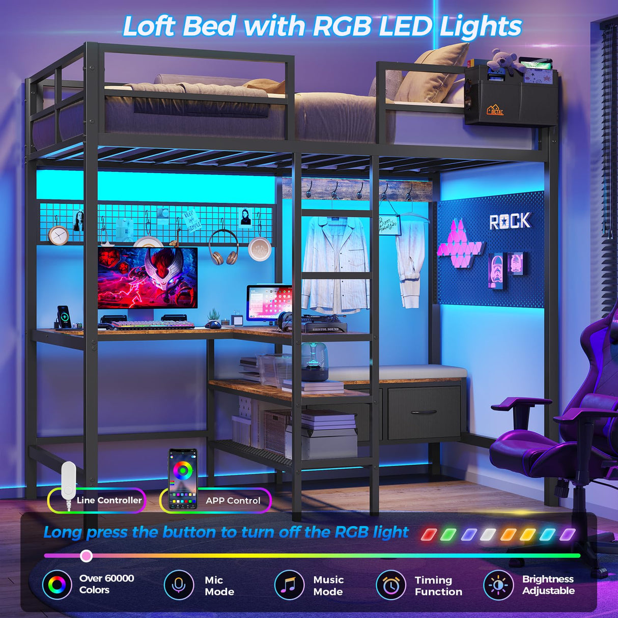 DICTAC Twin Loft Bed with L-Shaped Desk and Charging Station Twin Size Metal Bed Frame with LED Lights,Storage Shelves and Coat Rack with 2 Storage Drawers,Top Bunk with Safety Guard & Stair, Black DICTAC