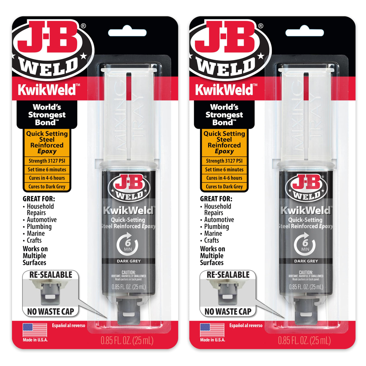 J-B Weld 6 Minute Set Epoxy KwikWeld, High Strength, Waterproof, 2 Pack, Dark Grey, 50176-2 J-B Weld