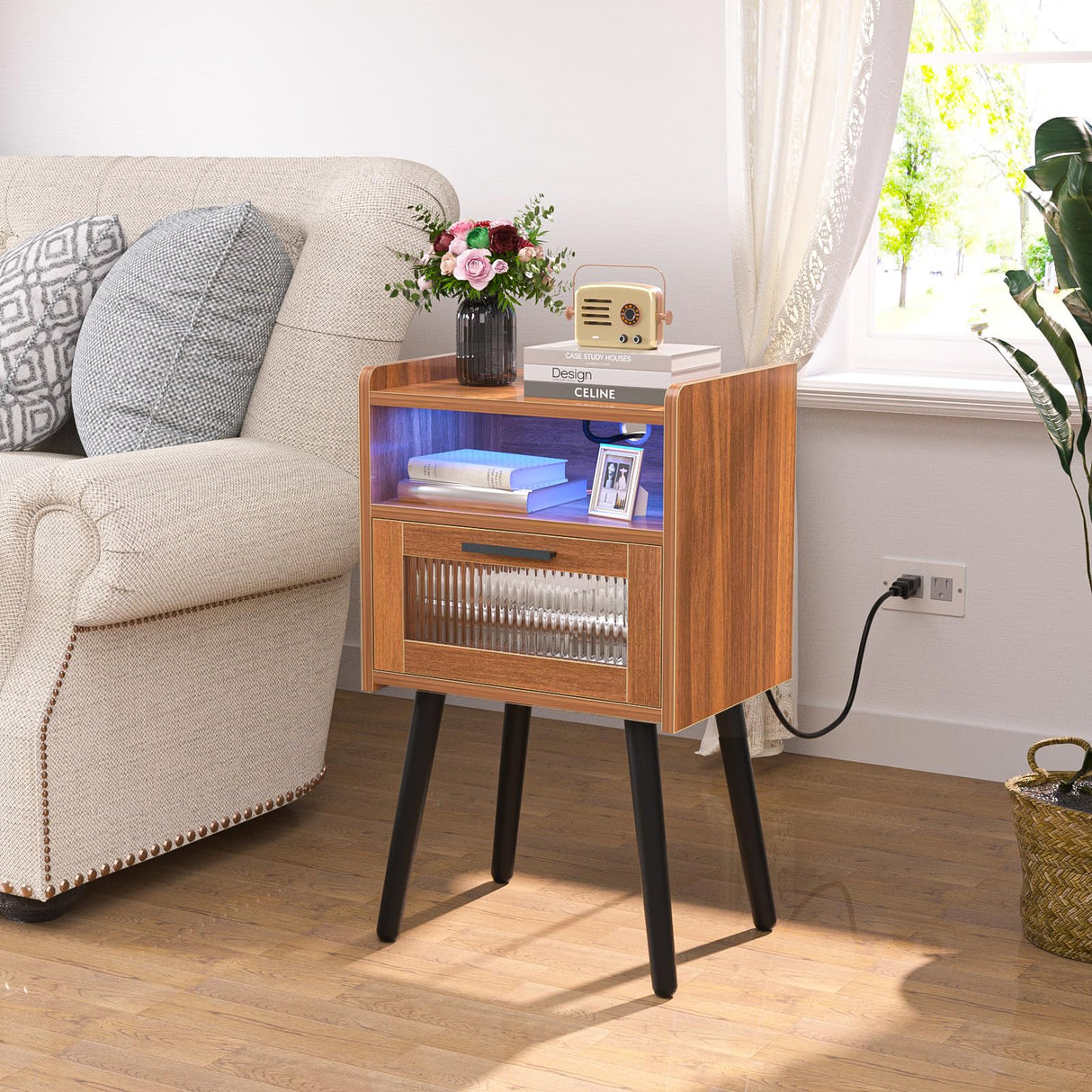 HAIOOU Set of 2 Mid Century Nightstand with Charging Station, Mid Century LED Light Modern End Table with Drawer, Glass Door, Open Shelf, Small Side Table Pine Wood Legs for Home Bedroom Living Room HAIOOU