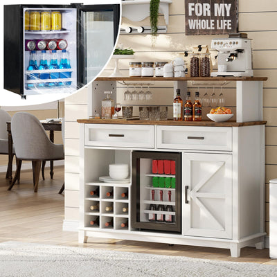 LUXOAK Farmhouse Coffee Bar Cabinet with Beverage Refrigerator Cooler, 47" Rustic Wine Bar Cabinet w/15 Mini Fridge, Barn Door & Glass Racks, Kitchen Hutch Buffet Table w/Drawer, Dining Room, White