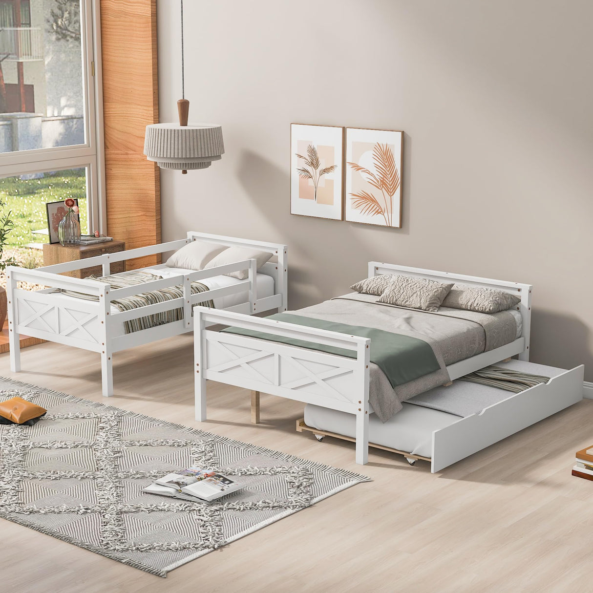 Merax Twin Over Full Bunk Bed, Kids Bedroom White Wooden Bunk Bed Frame, Convertible to 2 Separated Beds with Trundle, Ladder & Safety Guardrail for Teens, Wood Slat Support, Easy Assembly, White Merax