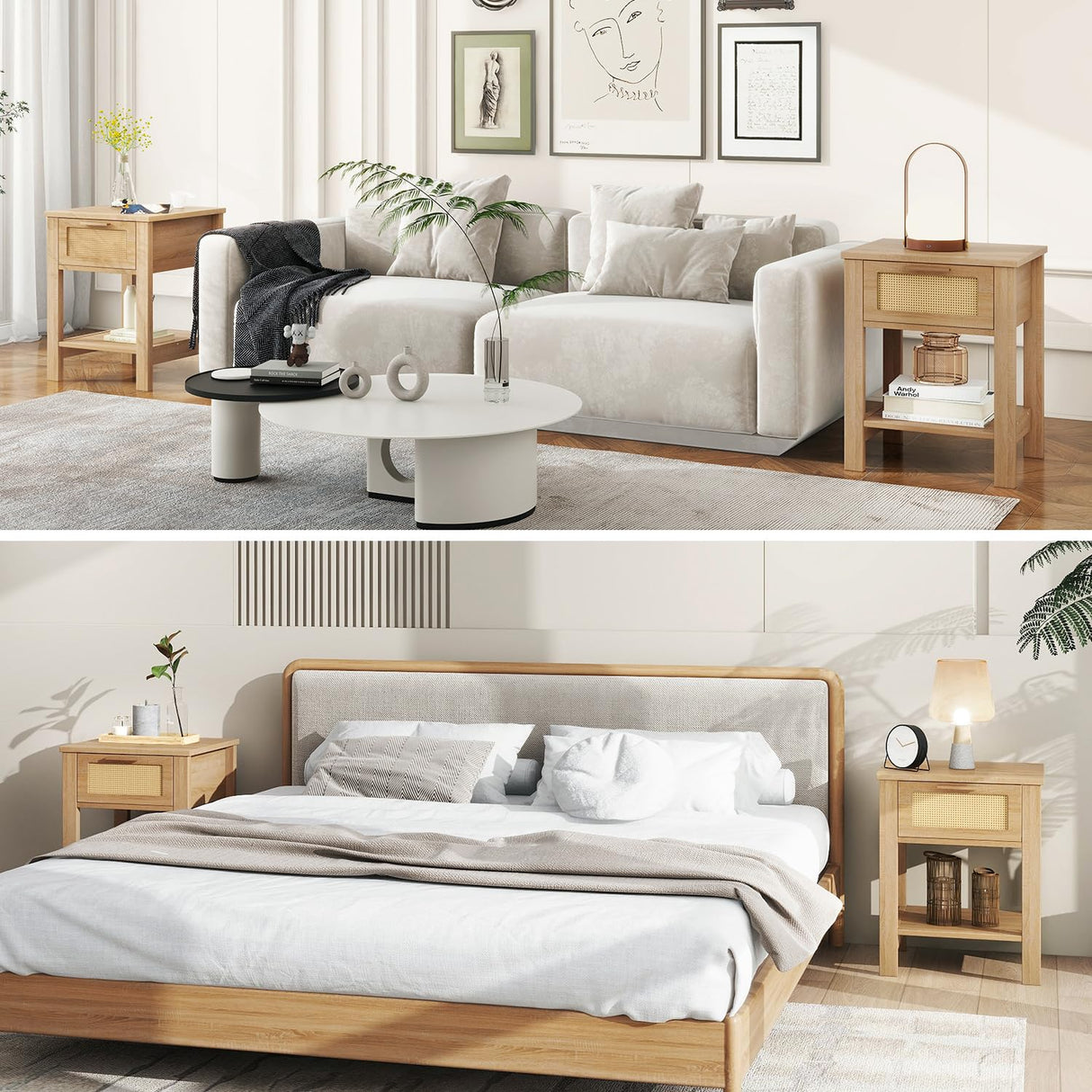 IBUYKE Rattan Nightstand Set of 2, Boho Night Stand with Drawer, Wood Bedside Tables with Storage Shelf, End Table with Legs for Bedroom, Natural UWNS011N-2 IBUYKE