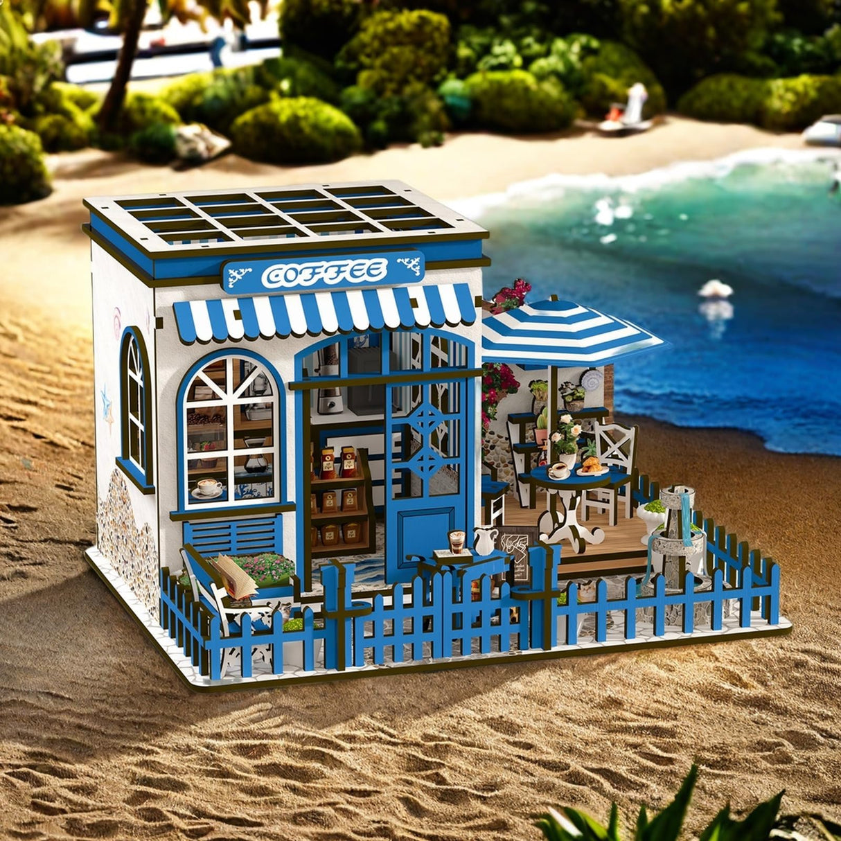 DIY Miniature House Kit, 3D Wooden Puzzle Seaside Coffee Shop with LED Lights, Book Nook Insert, Bookshelf Decor, DIY Dollhouse Craft Kit for Adults and Teens, Creative Gift Idea MOSTCLOUD