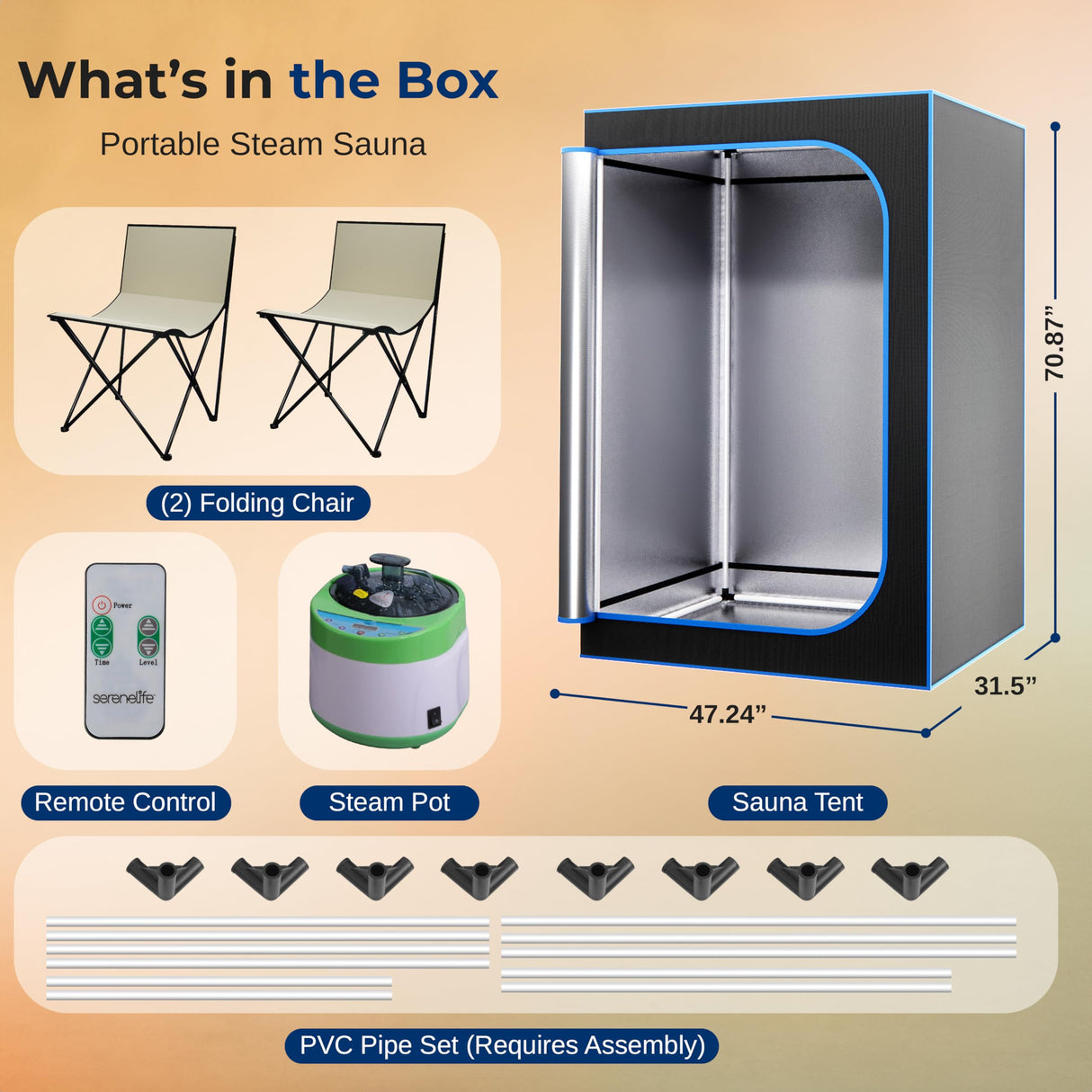 SereneLife Portable Sauna for Home, 2 Person Steam Sauna Tent with 4L Steamer, 2 Folding Sauna Chairs, Remote Control In-Home Spa, 71"x47" - inches (Black) SereneLife