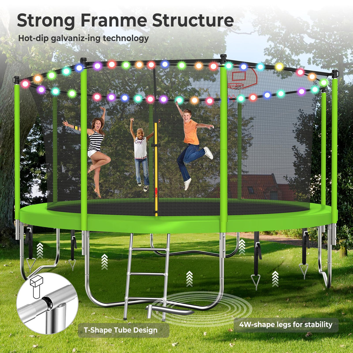Lyromix Upgraded 12FT Trampoline for Kids and Adults, Large Outdoor Trampoline with Stakes, Light, Sprinkler, Basketball Hoop and Net, Capacity for 5-8 Kids and Adults Lyromix