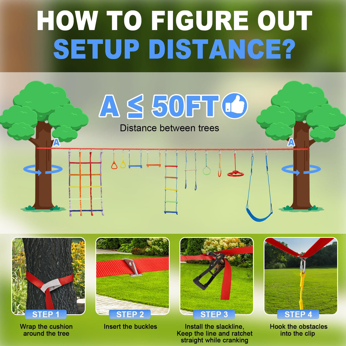 50ft Ninja Warrior Obstacle Course for Kids with Swing, Ninja Course for Kids Outside with 11 Accessories--Trapeze Swing, Climbing Net, Rope Ladder, Outdoor Playset with Monkey Bars ITEFDTUTNE