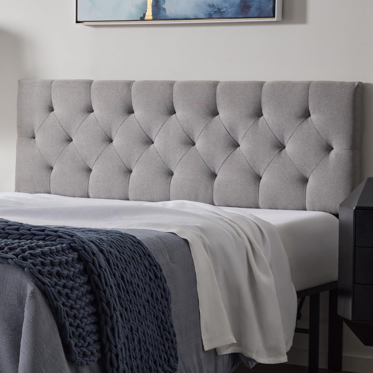 LUCID Mid-Rise Upholstered Headboard - Diamond Tufted - Padded Polyester - Adjustable Height from 34” to 46” - Easy Assembly - Bed Frame or Wall Mount - Sturdy - Stone - Queen Size LUCID