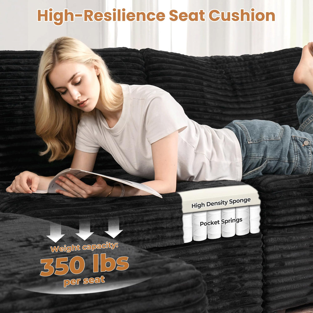 ovios 130.7" Modular Sectional Sofa Couch, U-Shaped Minimalist Couches with Sofa Bed Chaise, Modern Deep Seat Cloud Plush Corduroy Sofas Set for Living Room, 7 Seat, Black ovios