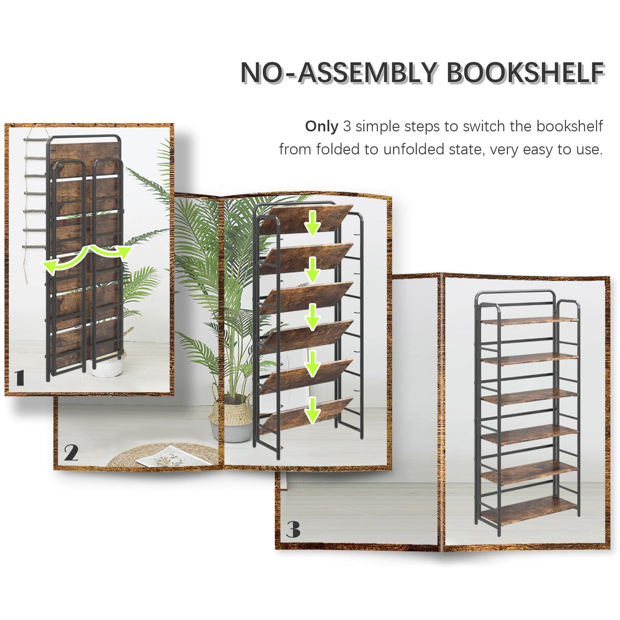 4NM No Assembly Folding Bookshelf, 6 Tier Vintage Industrial Book Shelf,Metal Foldable Storage Bookcase and Bookshelves for Living Room,Bedroom and Kitchen - Rustic Brown 4NM
