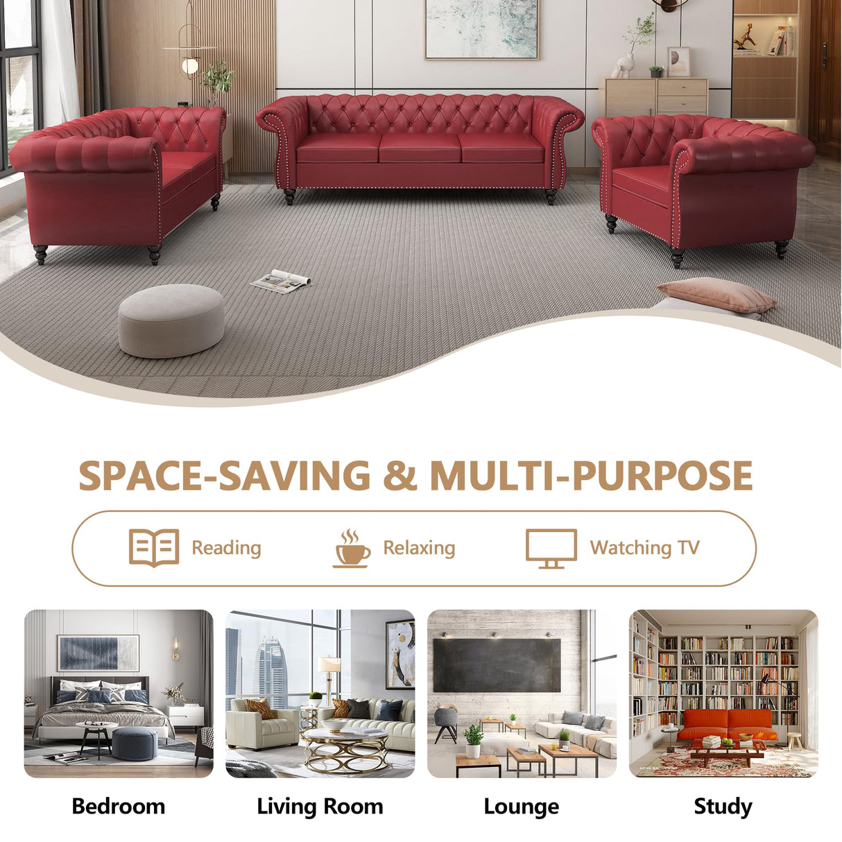 RUSTYER Chesterfield 3 Seater Sofa, Modern Leather Tufted Couch 3 Seater with Rolled Arms and Nailhead Mid-Century Upholstered Couch for Living Room, Bedroom, Apartment and Office, Claret RUSTYER