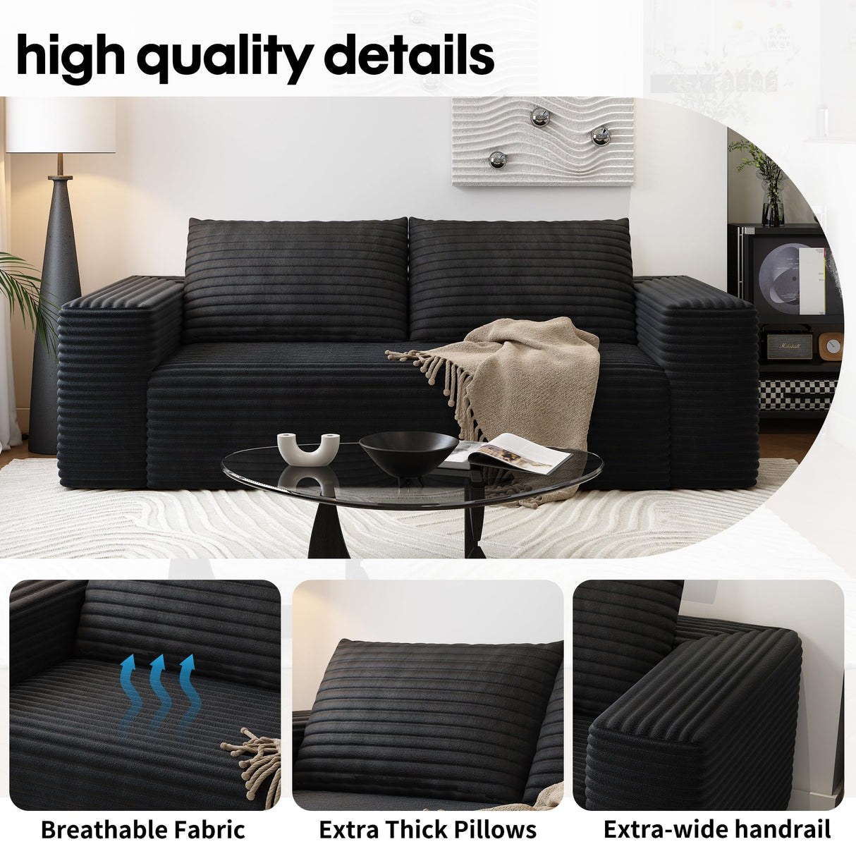 63" Loveseat Sofa,Modular Couch with Deep Seat Memory Foam,Comfy Small Cloud Couch for Small Spaces,No Assembly Required Sofa for Living Room Bedroom,Apartment,Black Settab