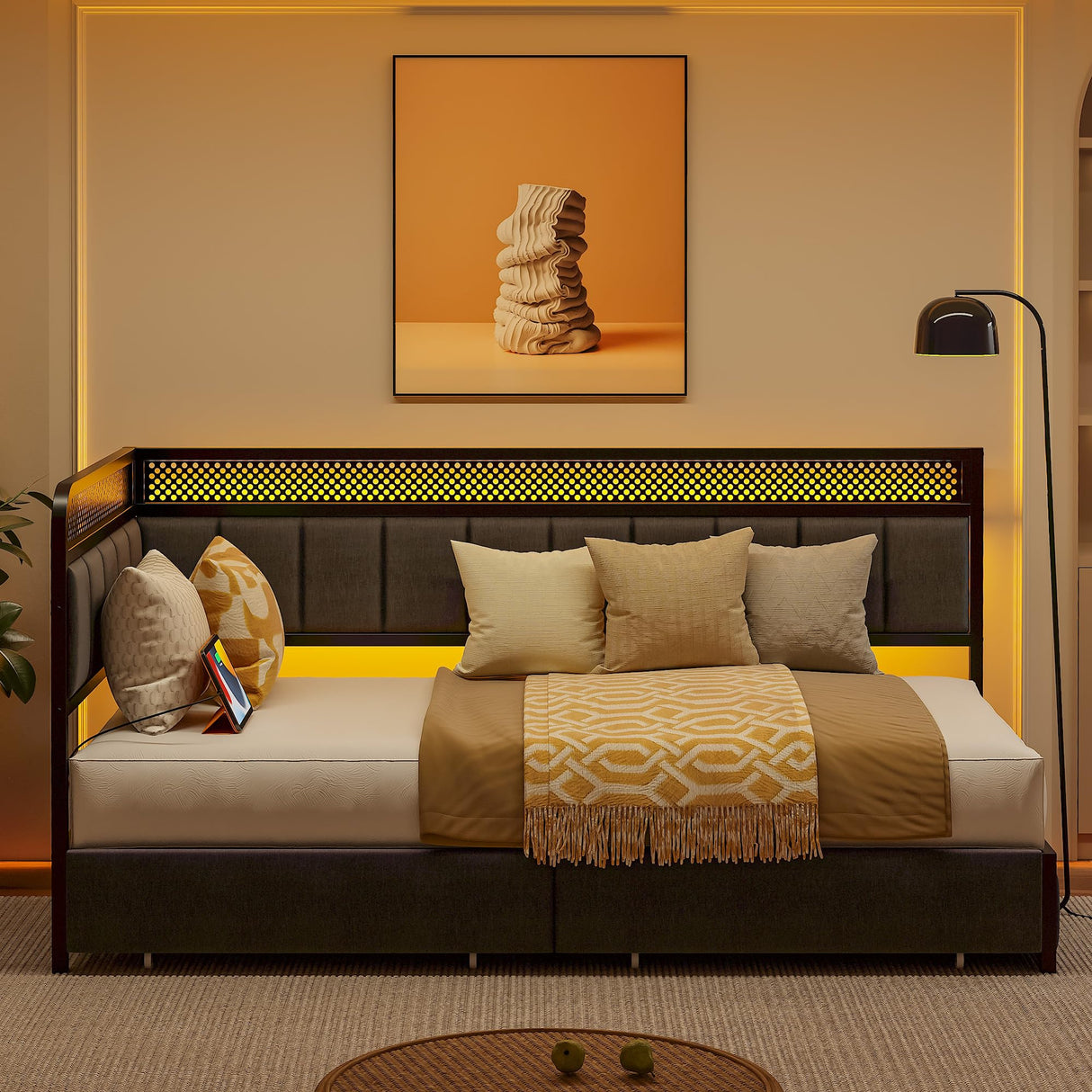 LIKIMIO Twin Corner Bed Frame with Storage Drawers and Charging Station, Modern Twin Daybed with LED Lights and Upholstered Guardrail, Gray LIKIMIO