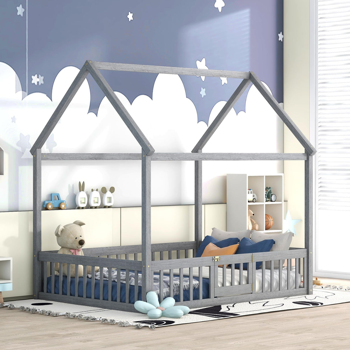 Harper & Bright Designs Grey Wash Full Montessori House Bed with Fence and Door for Kids Harper & Bright Designs