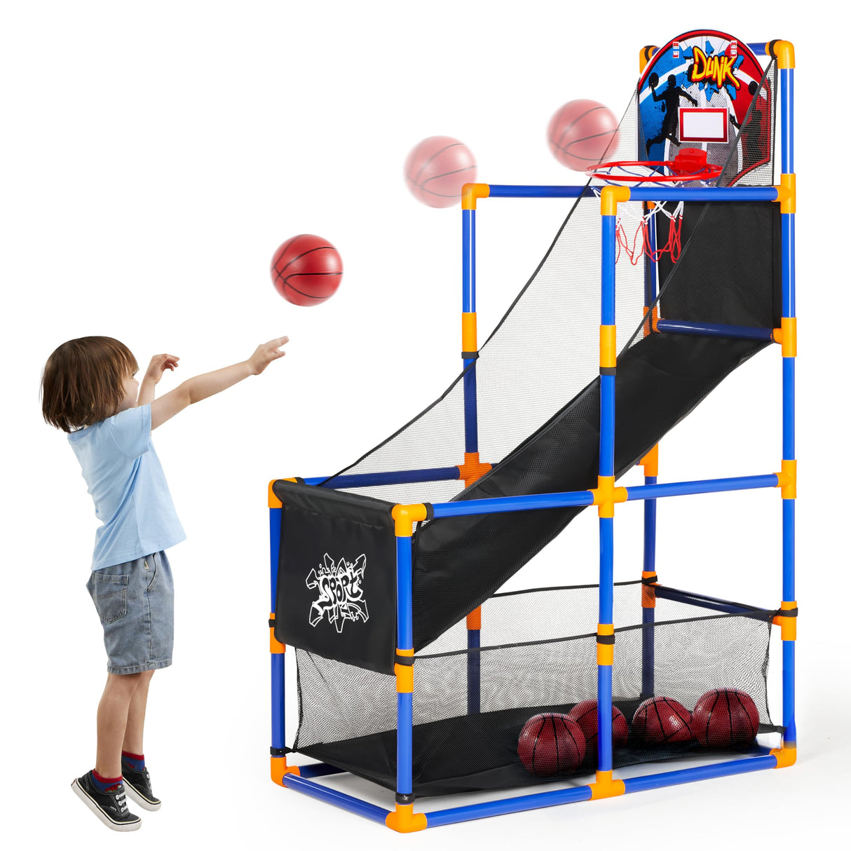 JOYIN Arcade Basketball Game Set with 4 Balls and Hoop for Kids 3 to 12 Years Old Indoor Outdoor Sport Play - Easy Set Up - Air Pump Included - Ideal for Competition JOYIN