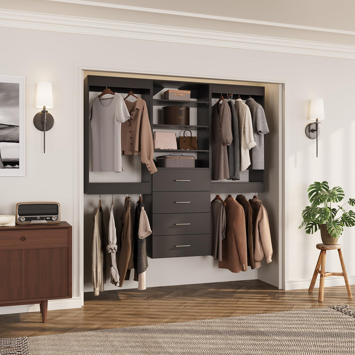 ROOMTEC Modular Closet System, 78" Wall-Mounted Closet Organizer with Drawers and Hanging Rods, Wooden Tower for Walk-In Closets, Wardrobe Storage Kit, Black ROOMTEC