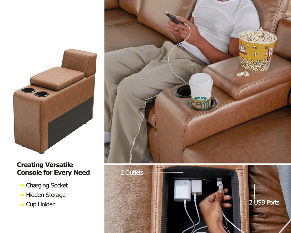 AMERLIFE Single Left Power Recliner Sofa, Reclining Sectional Sofa with Console, 6 Seats L Shaped Couch with Cup Holder& Charging Socket, Leather Modular Sofa for Living Room AMERLIFE