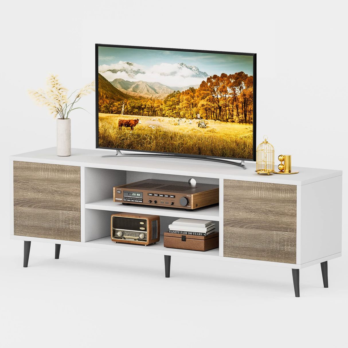 JUMMICO TV Stand for 65 Inch TV, Modern Entertainment Center with Storage Cabinet and Open Shelves, TV Console Table Media Cabinet for Living Room, Bedroom and Office (Oak) JUMMICO