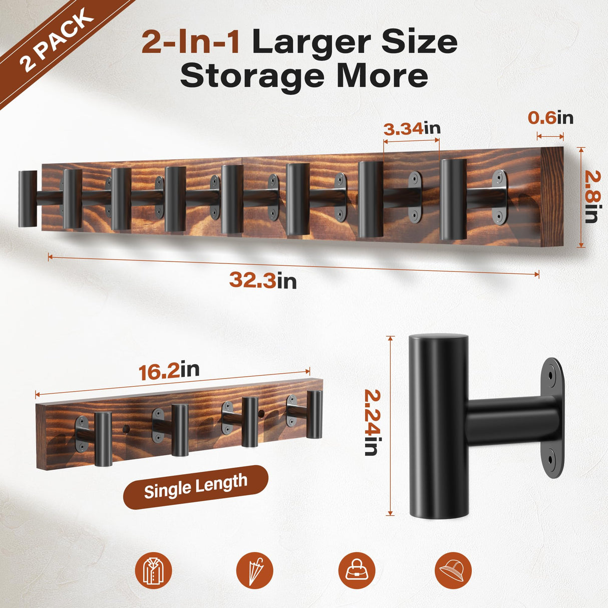 Orapoke Coat Rack Wall Mount 32.3", 2 Pack Rustic Coat Hanger with 8 Black Metal Heavy Duty T Shaped Hooks, Pine Soild Wood Large Coat Hooks Wall Mounted for Entryway, Living Room, Bathroom Orapoke