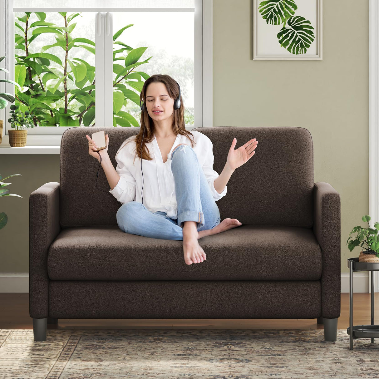 Welzona Loveseat Sofa, 51" Small Sofa Couch for Bedroom, Comfy Teddy Love Seat, Tool-Free Setup Sofas for Living Room, All-Wood Small Couches for Small Spaces, Small Couch No Pillow Include, Brown Welzona