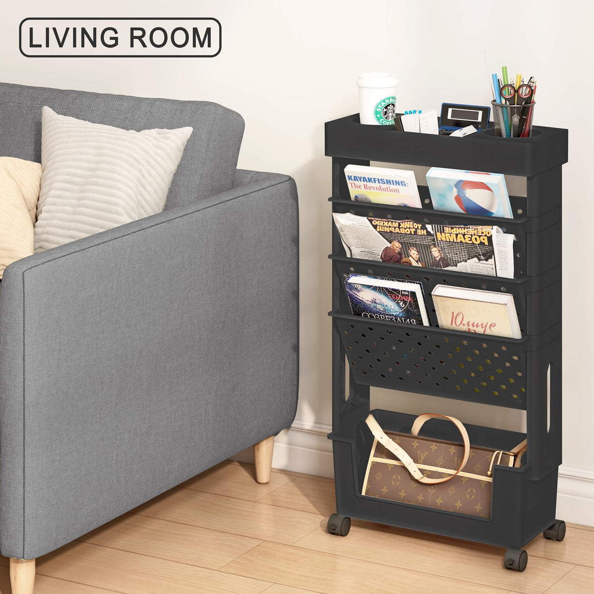 yeavs 5-Tier Mobile Bookshelf, Rolling Bookcase Book Storage Rack, Movable File Folder Organizer Cart with Wheels for Home Study Office Living Room Classroom, Black yeavs