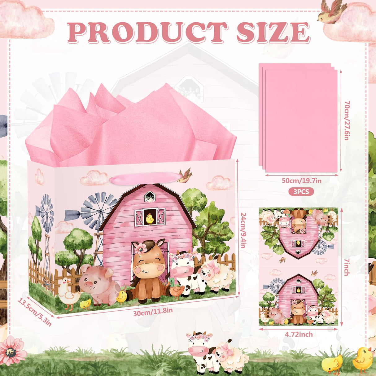 Farm Animals Theme Birthday Gift Bag for Girls Baby Shower Pink Farmhouse Barnyard Gift Bag Wrapping Paper Card Large Cows Pigs Gifts Bag for Baby Shower Farm Birthday Party Favors Supplies Innovoscape