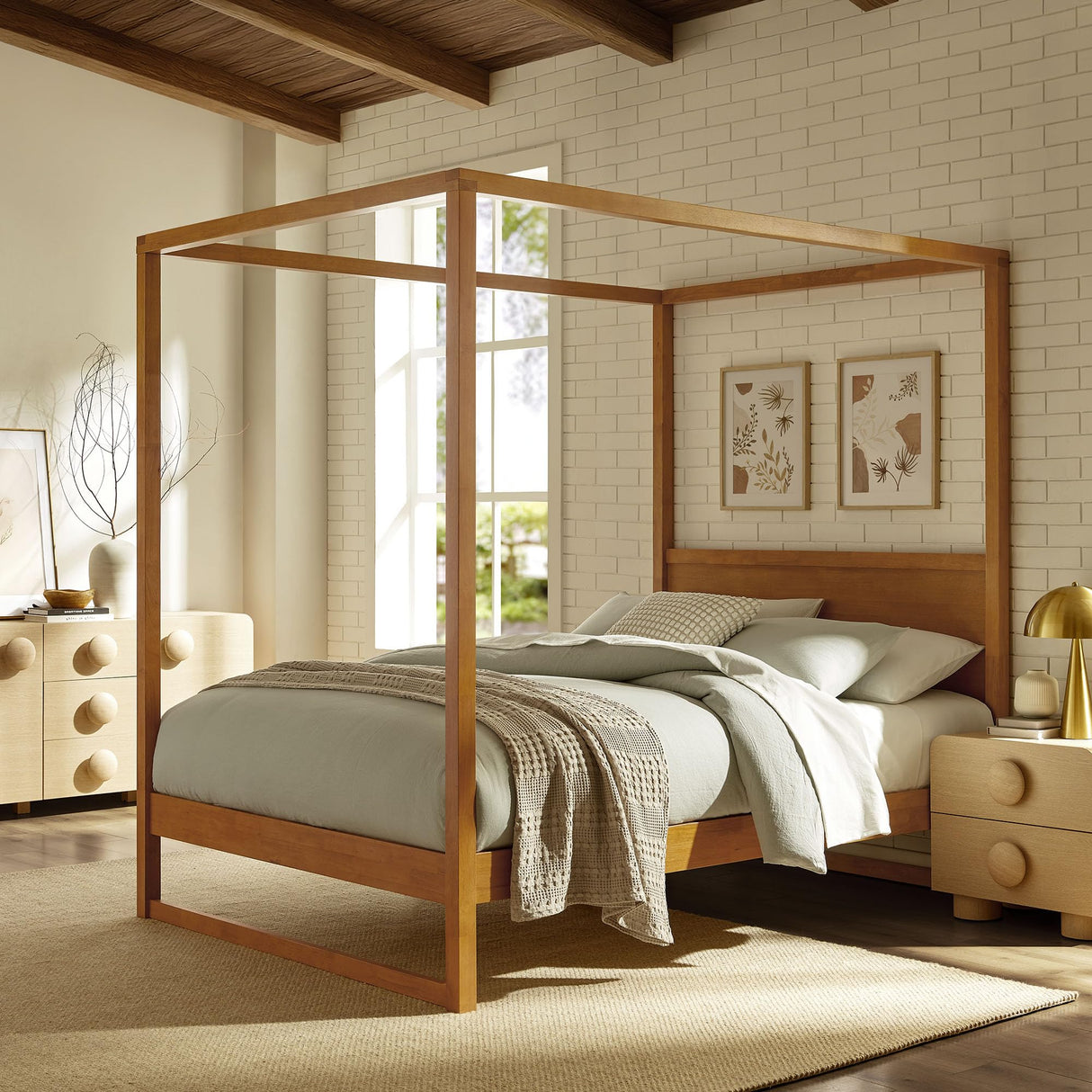 Modway Alva Queen Size 4-Post Wood Platform Canopy Bed in Oak – with with Headboard and Solid Rubberwood Frame Modway