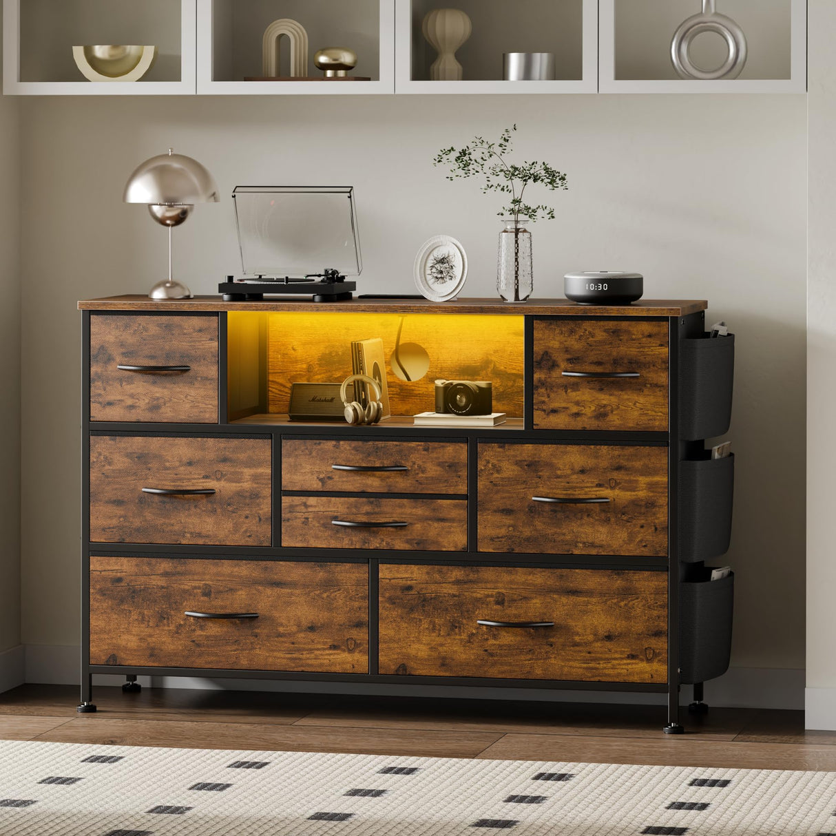 YaFiti Dresser for Bedroom with 8 Drawers, Dresser TV Stand with LED Lights, Fabric Chest of Drawers with Side Pocket for Living Room, Entryway, Bedroom Furniture (Rustic Brown) YaFiti