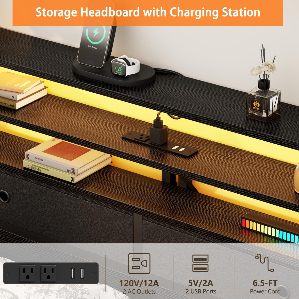 Furnulem Full Size Bed Frame with Headboard & 2 Fabric Drawers, Full Platform Bed Featuring LED Lights, Built-in Charging Station & Storage Shelves, Metal Slats, No Box Spring Needed – Black Oak Furnulem