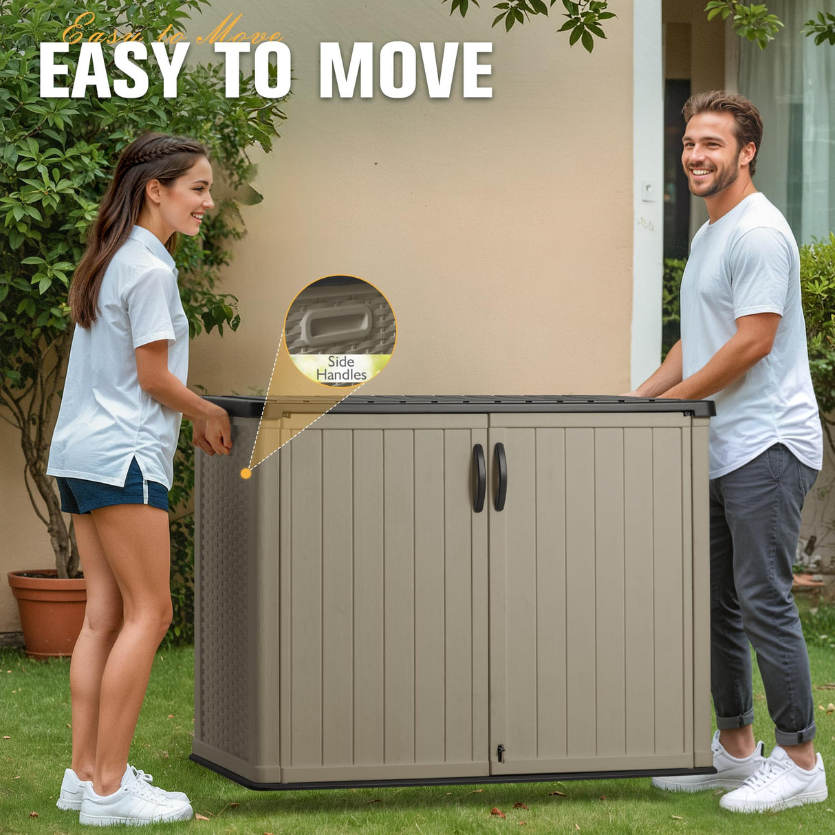 Greesum Outdoor Horizontal Storage Sheds 27 Cu.ft Resin Large Storaged Box Weather Resistance, Without Shelf, Easy to Assemble, Prefect for Garden, Patios, Backyards, Beige Greesum