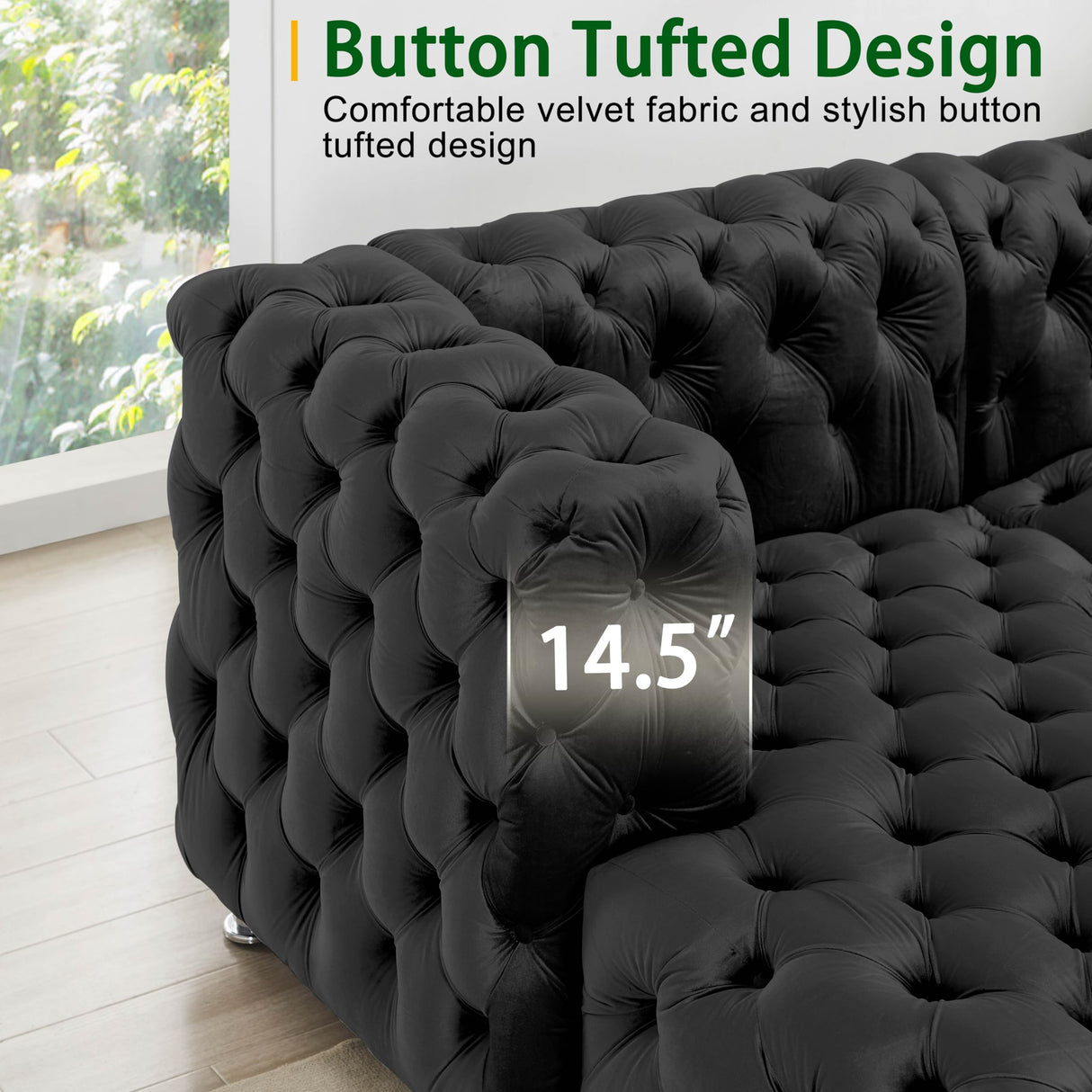 THSUPER 145'' Luxury Velvet Upholstered Chesterfield Oversized U Shaped Sectional Sofa Couch for Living Room, Couches with Button Tufted Design and Comfortable Seating and 4 Pillows. Black THSUPER